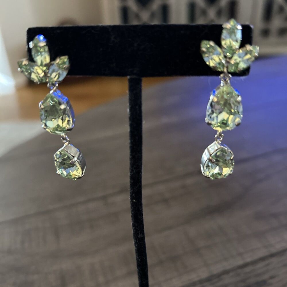Sparkling Soft Green Rhinestone 2 Inch Dangle Earrings - Picture 2 of 3